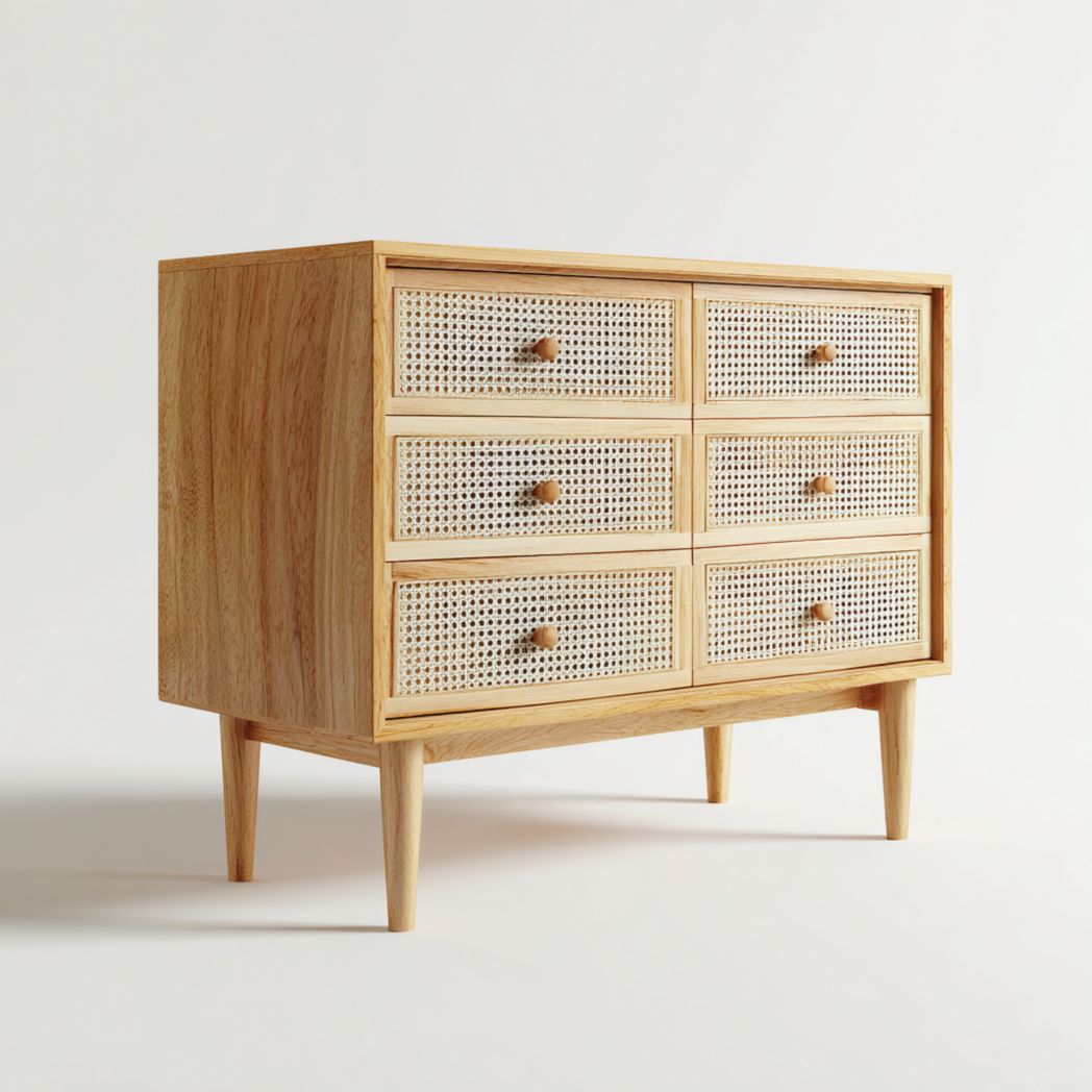 Commode marron clair à six tiroirs et façade en rotin beige