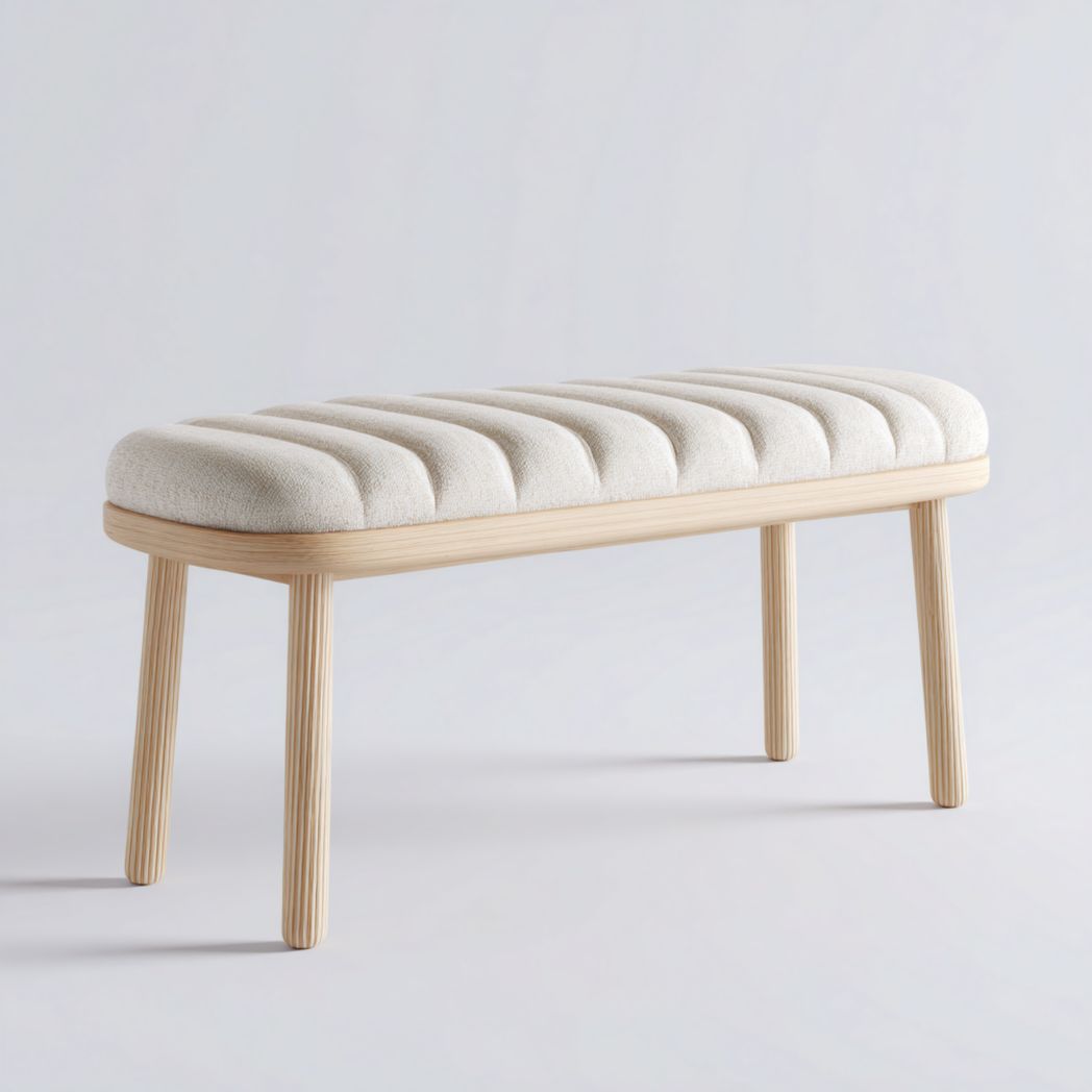 Banc rembourré en tissu beige avec pieds en bois brun clair
