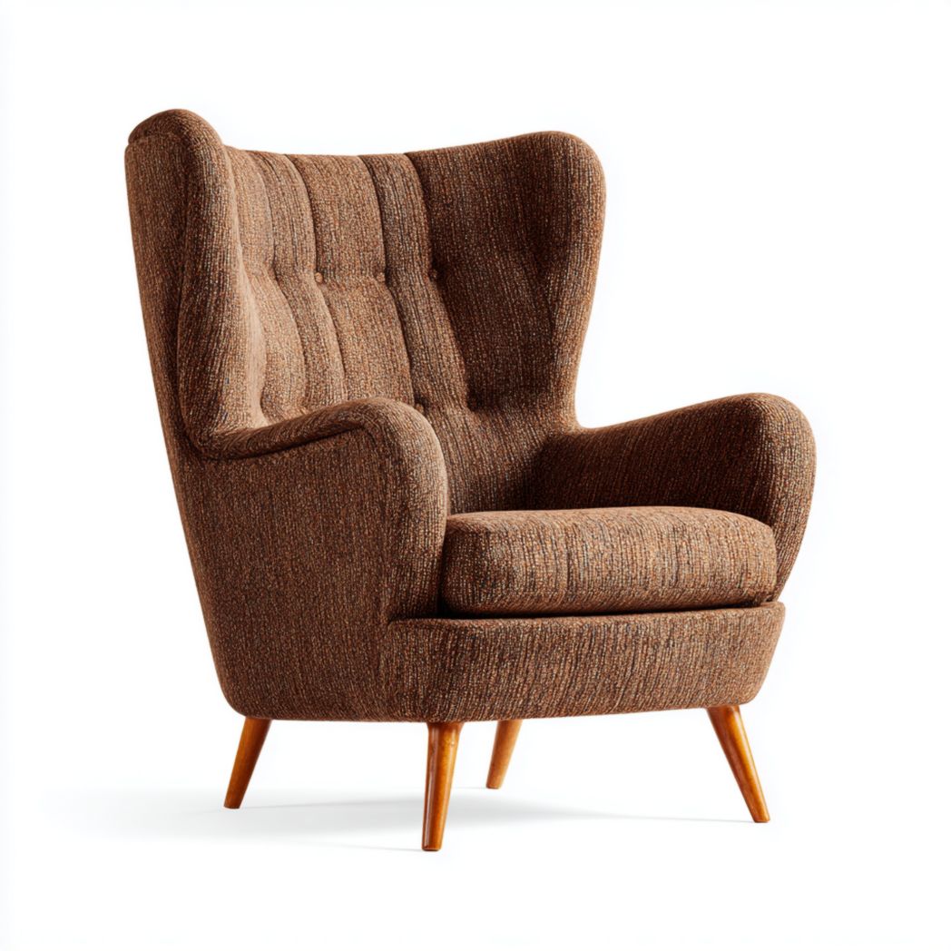 Fauteuil en tissu brun avec dossier haut et pieds en bois