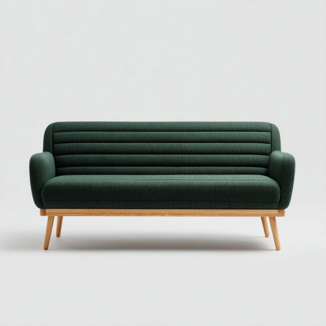 Canapé 2 places en tissu vert foncé avec base marron clair