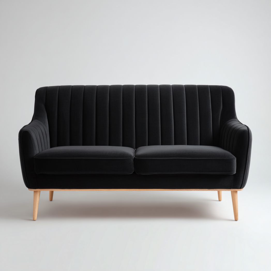 Canapé 2 places en tissu noir avec base marron clair