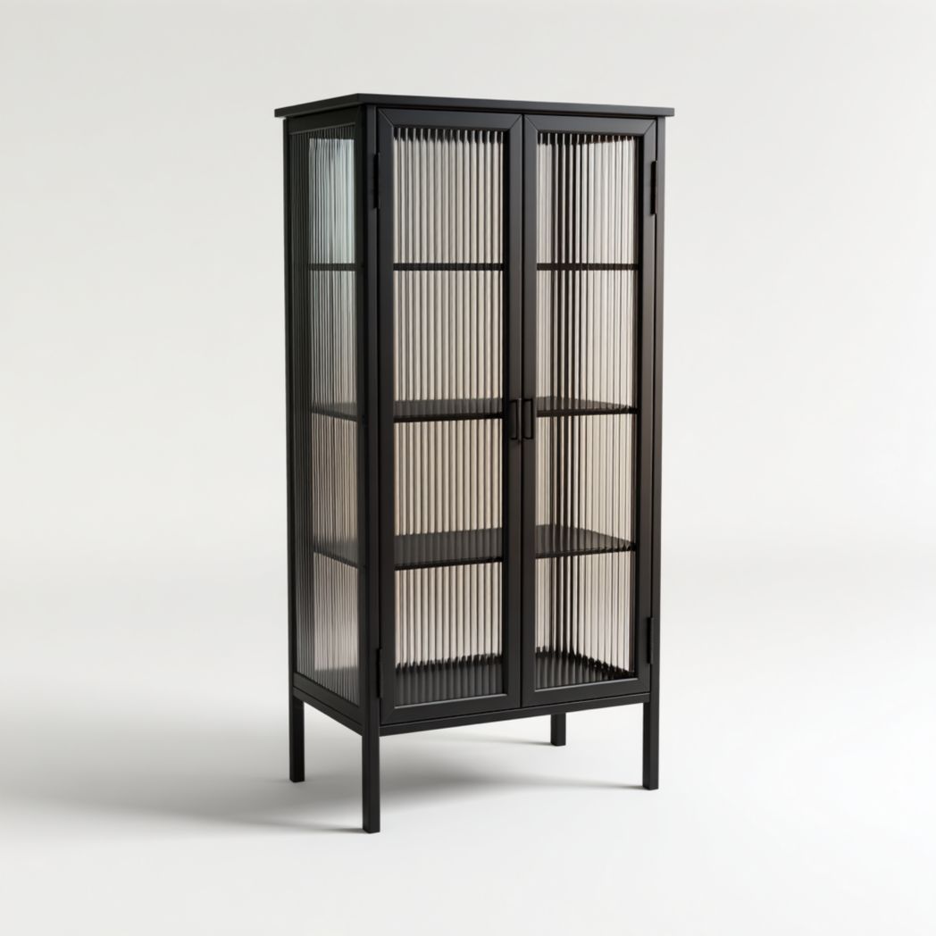 Vitrine de rangement en métal noir avec portes en verre strié