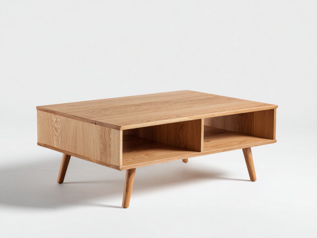 Table basse en bois clair avec compartiments ouverts de rangement