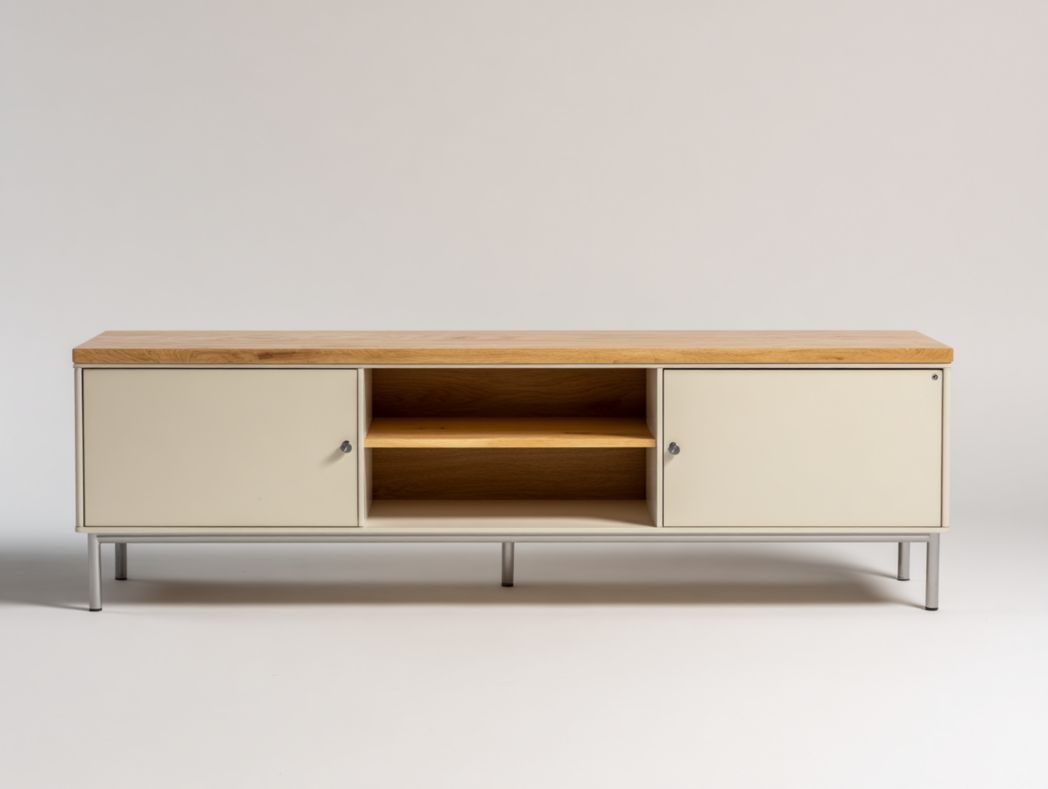 Meuble TV blanc cassé à deux portes - plateau marron clair avec pieds gris argenté