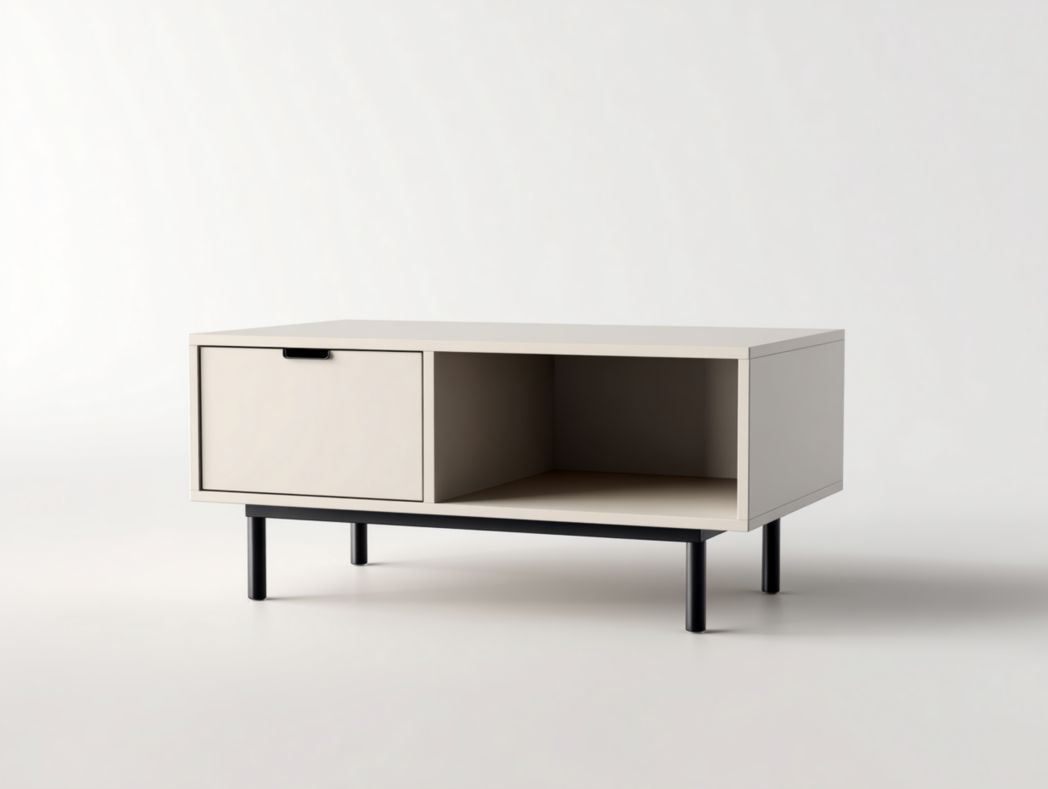 Table basse blanc cassé avec rangement et pieds en métal noir