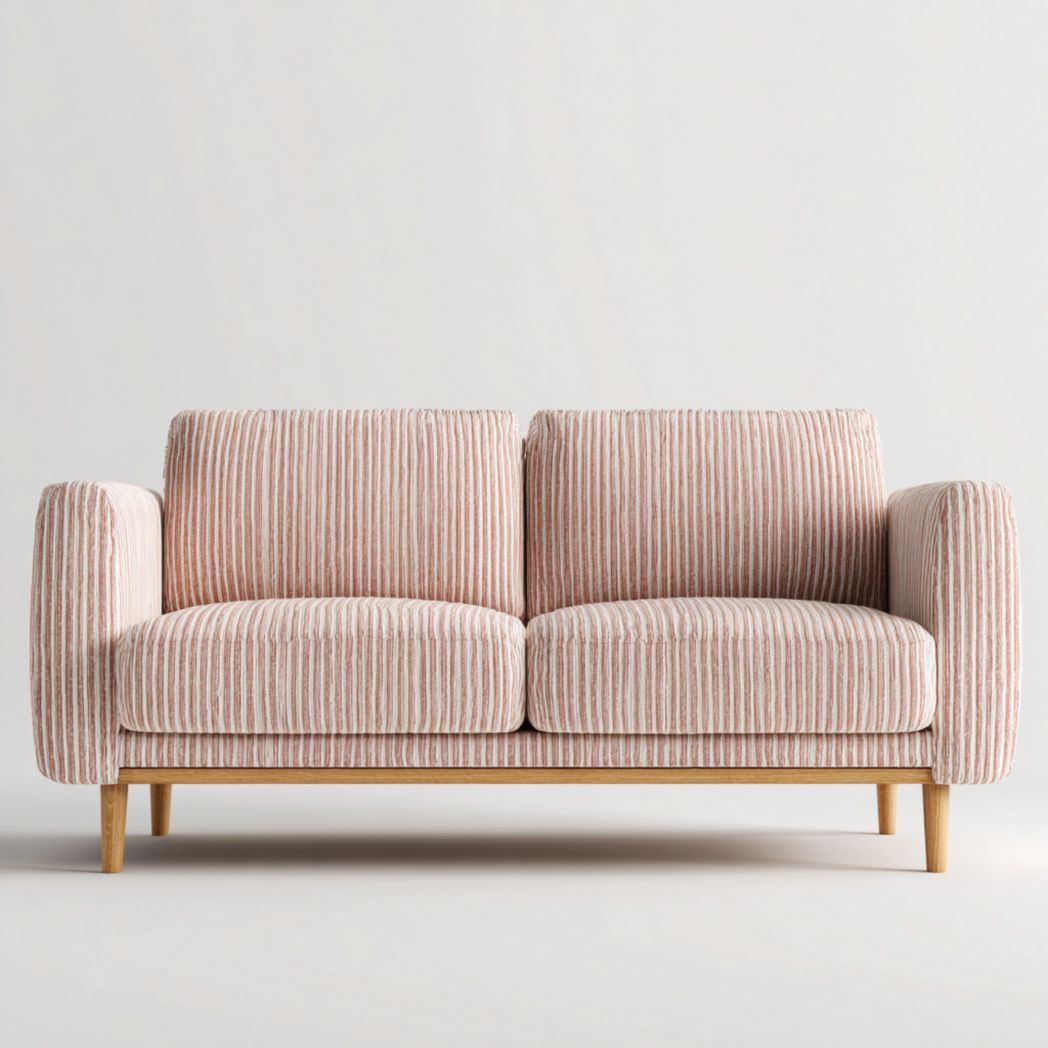 Canapé 2 places en tissu à rayures rose et blanc avec pieds marron clair