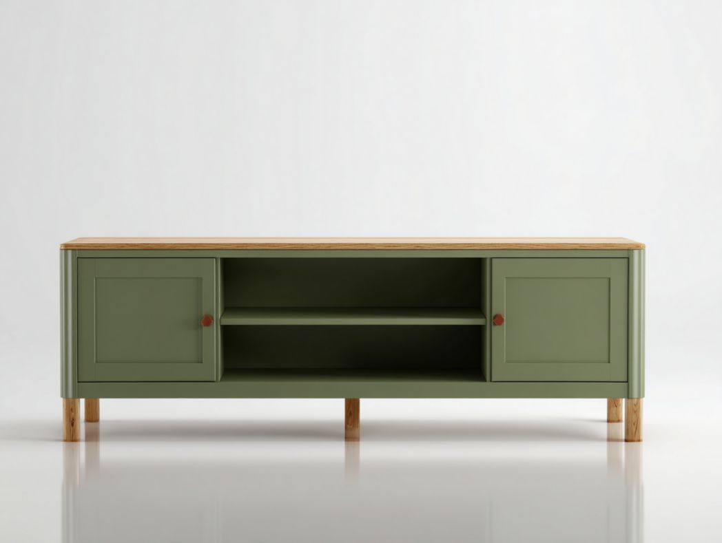 Meuble TV en bois vert olive avec plateau bois clair et poignées brun rouge