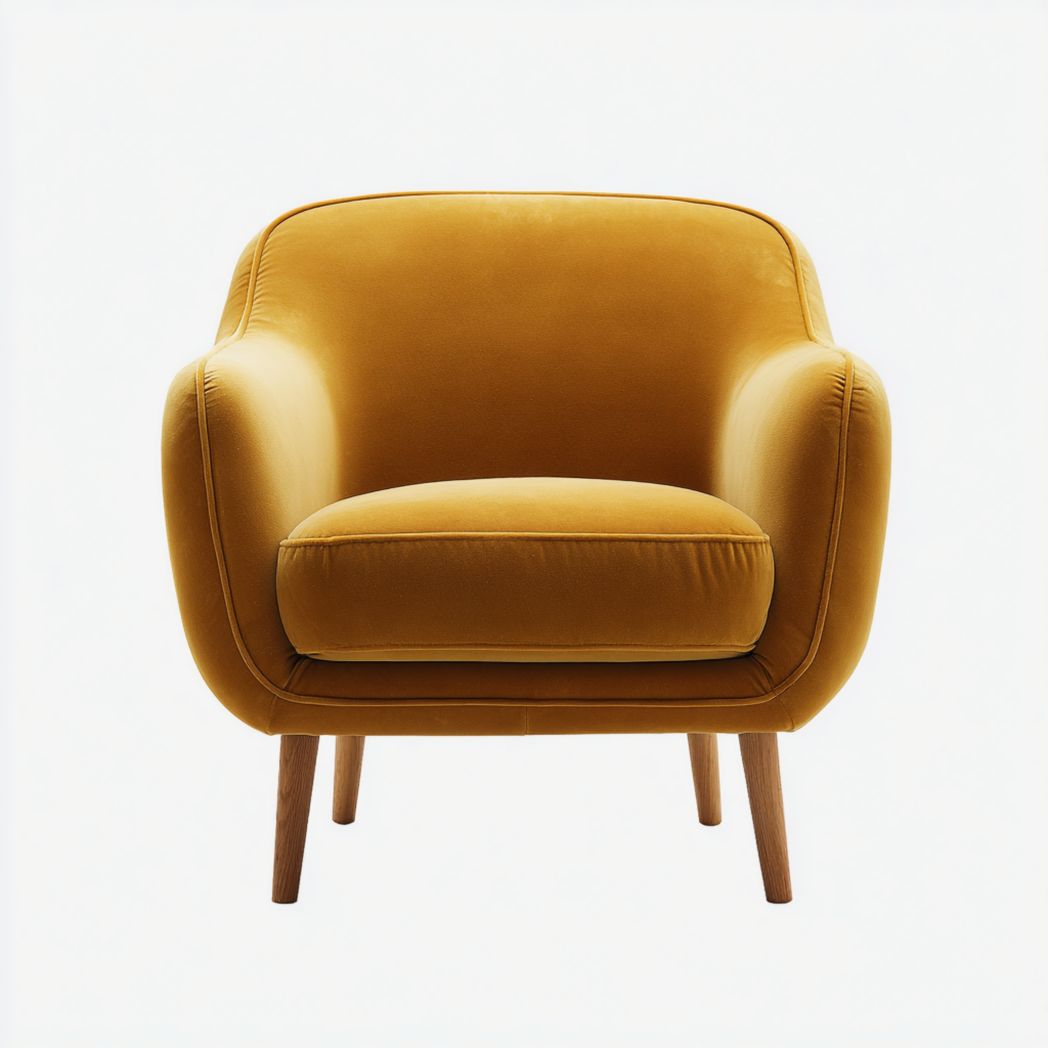 Fauteuil en velours jaune moutarde avec pieds en bois