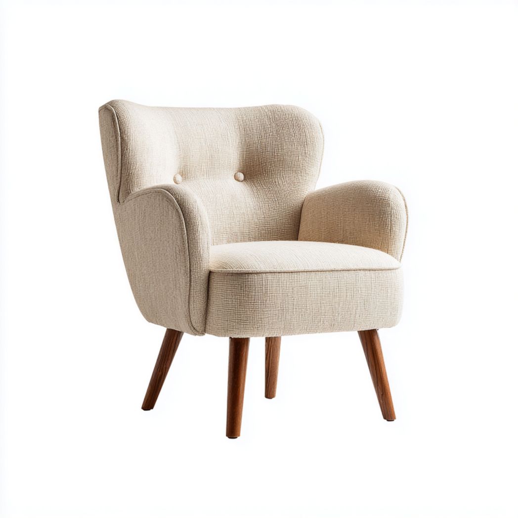 Fauteuil en tissu beige avec pieds en bois foncé