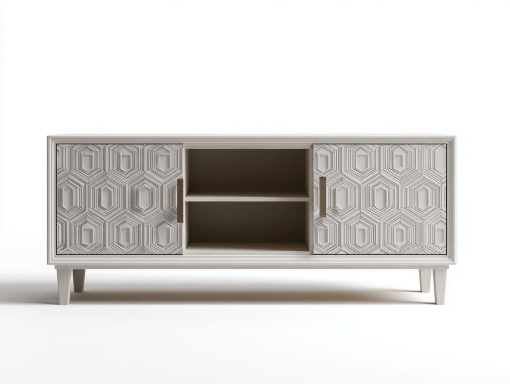 Meuble TV gris clair à deux portes - texture géométrique tridimensionnelle avec poignées marron