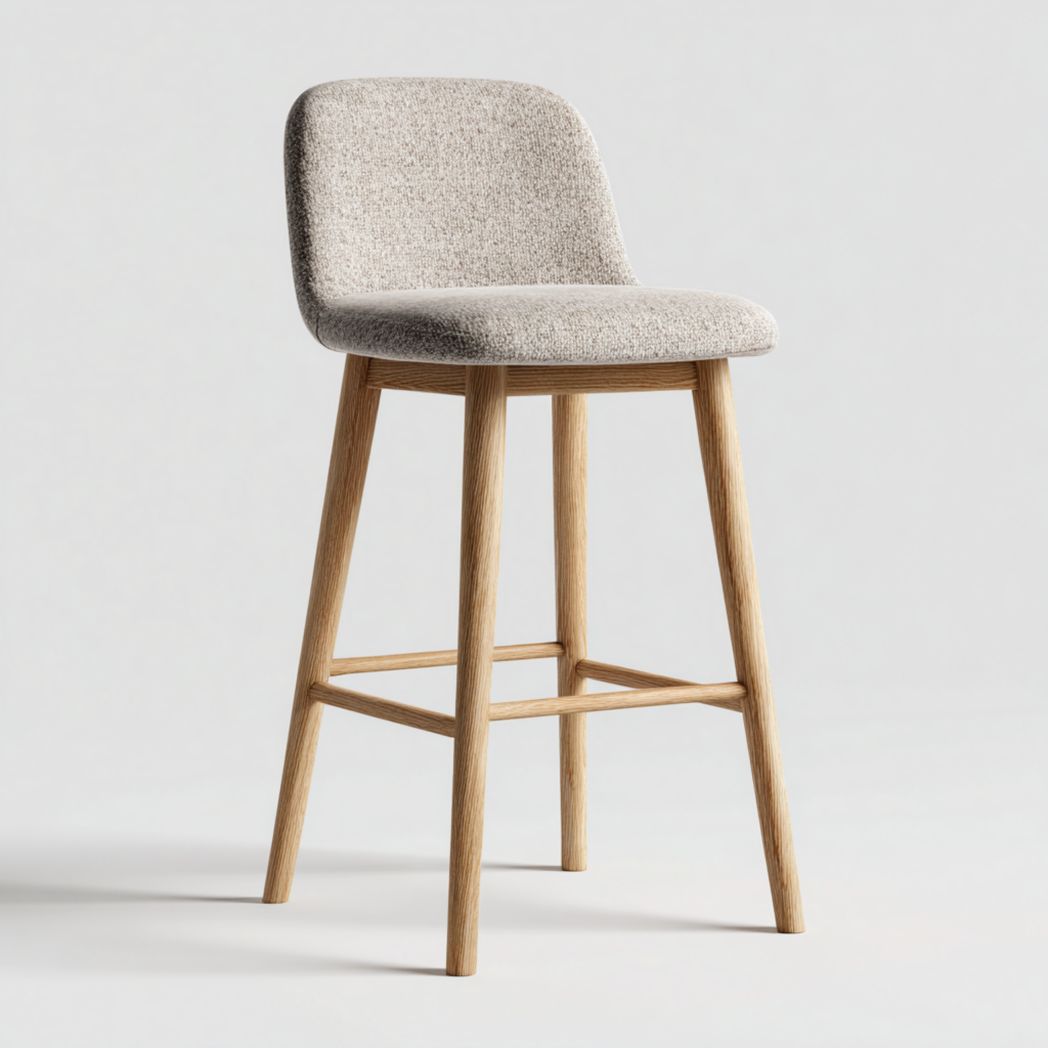 Tabouret de bar en bois avec dossier et assise rembourrée en tissu texturé