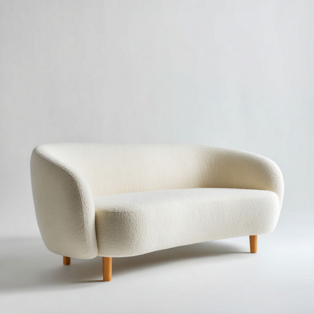 Canapé 3 places en tissu bouclette blanc cassé avec pieds marron clair