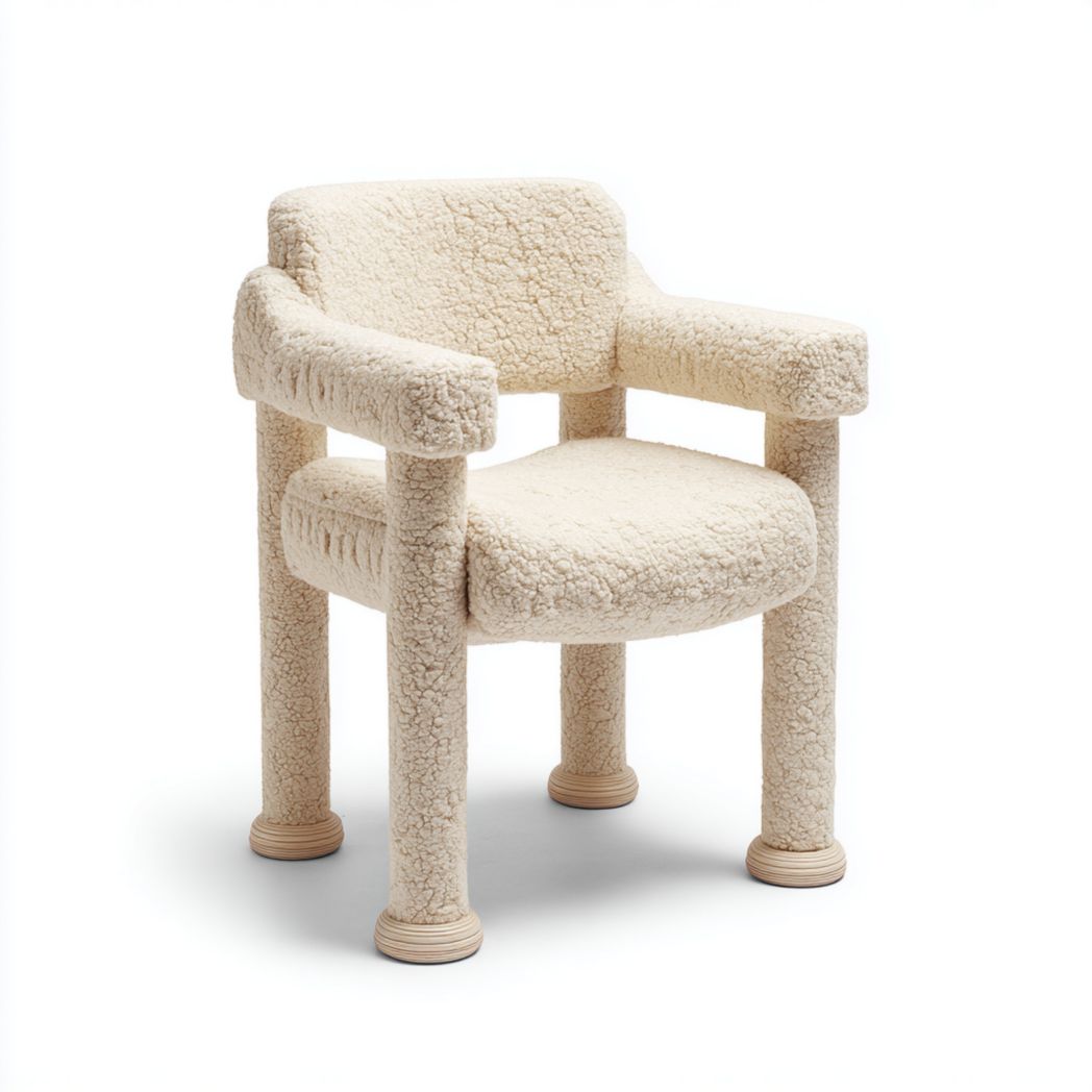 Fauteuil en tissu bouclette à pieds cylindriques blanc cassé