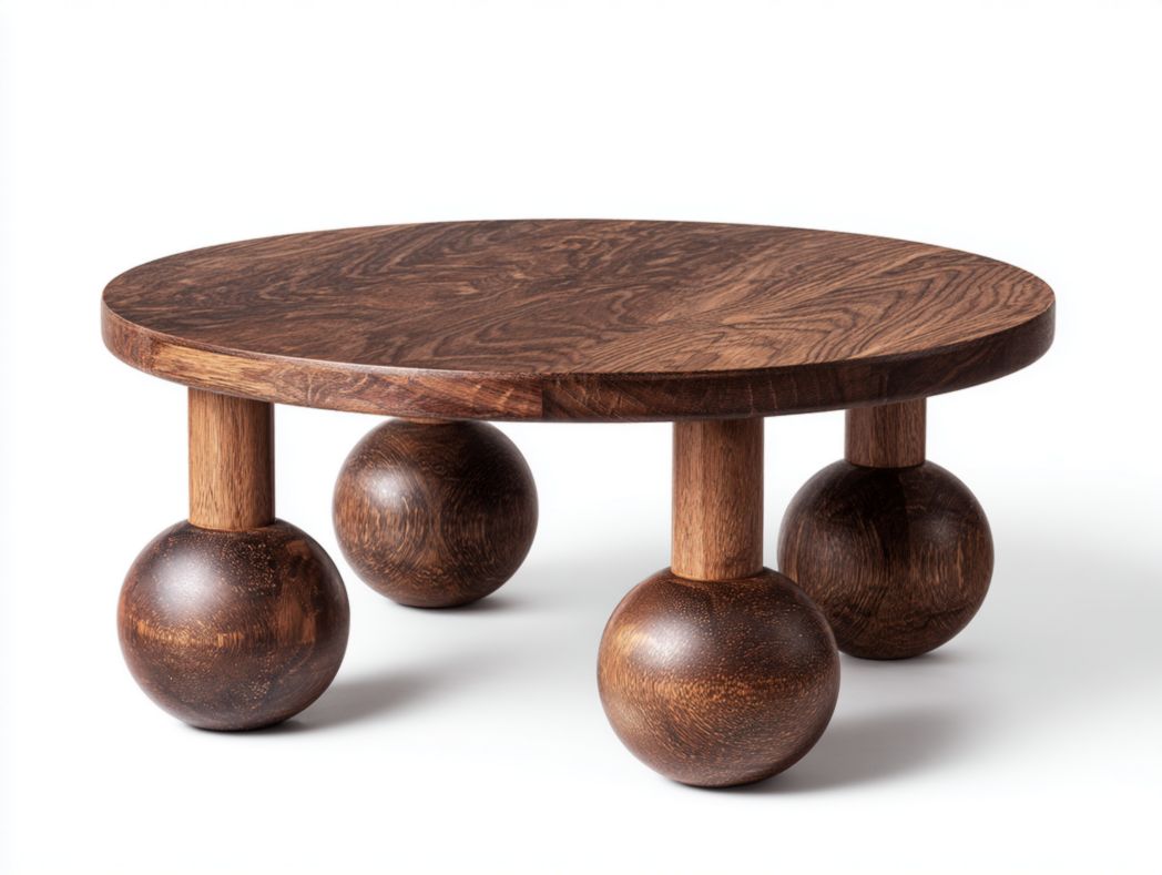Table basse ronde en bois foncé avec pieds sphériques design