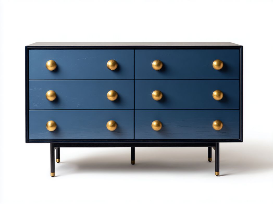 Commode moderne à six tiroirs bleu foncé et doré