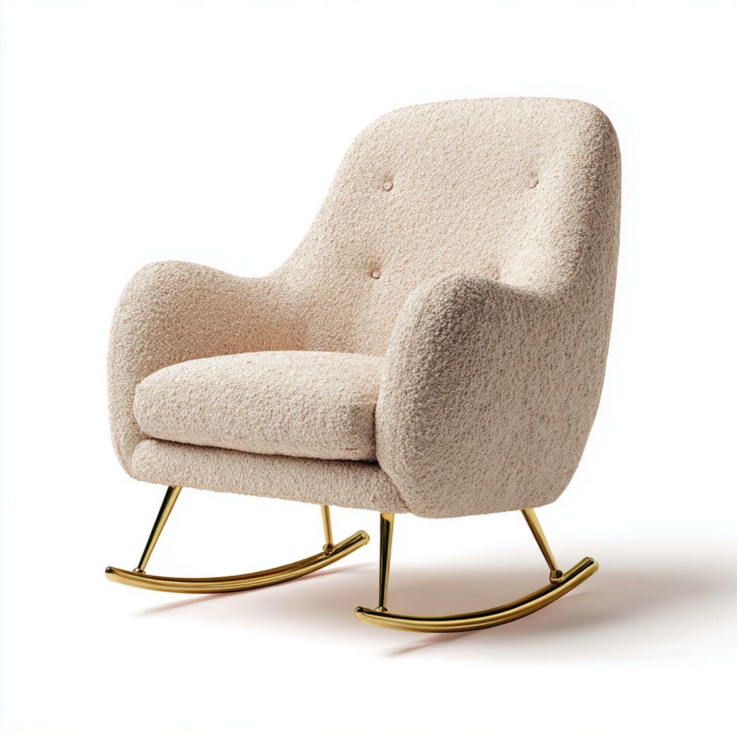 Fauteuil à bascule en tissu bouclette beige avec structure en métal doré