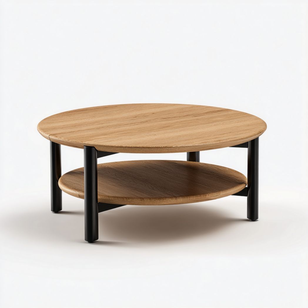 Table basse ronde en bois brun clair avec structure en métal noir à deux plateaux
