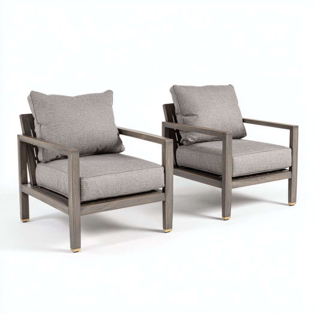 Lot de 2 chaises de jardin brun gris – Structure en bois avec coussins et dossiers gris clair