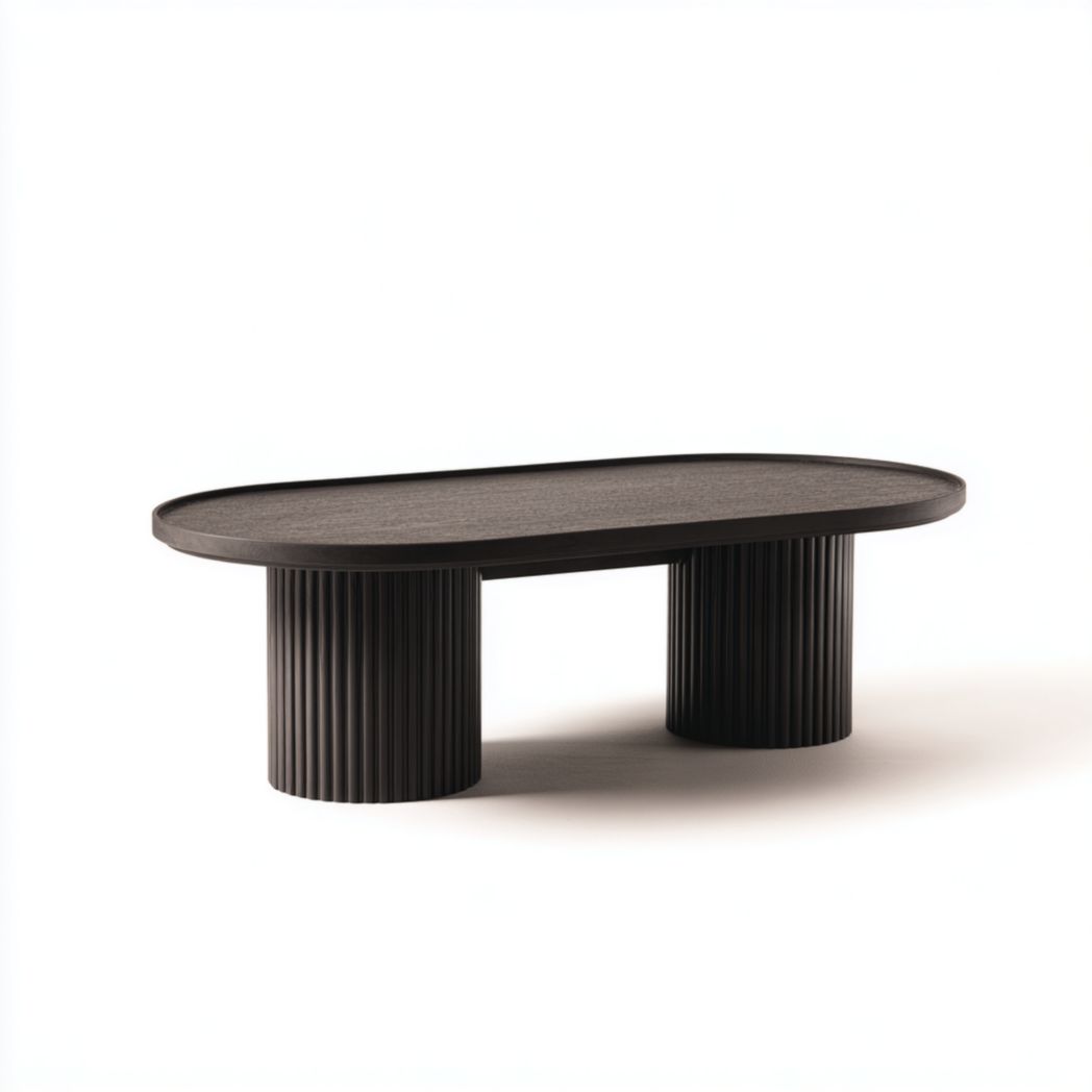 Table basse ovale en bois brun foncé avec double pied cylindrique rainuré