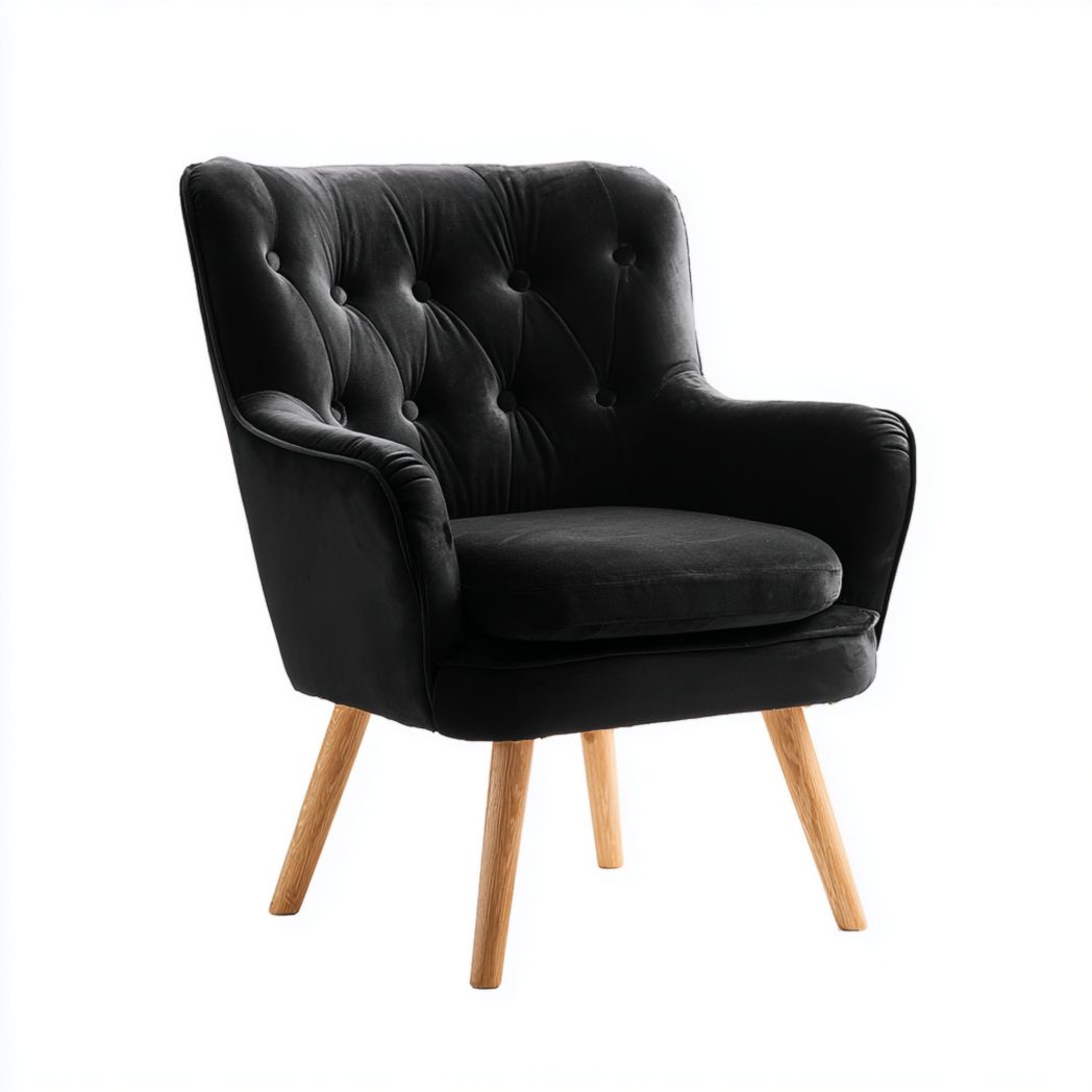 Fauteuil en velours noir avec pieds en bois brun clair