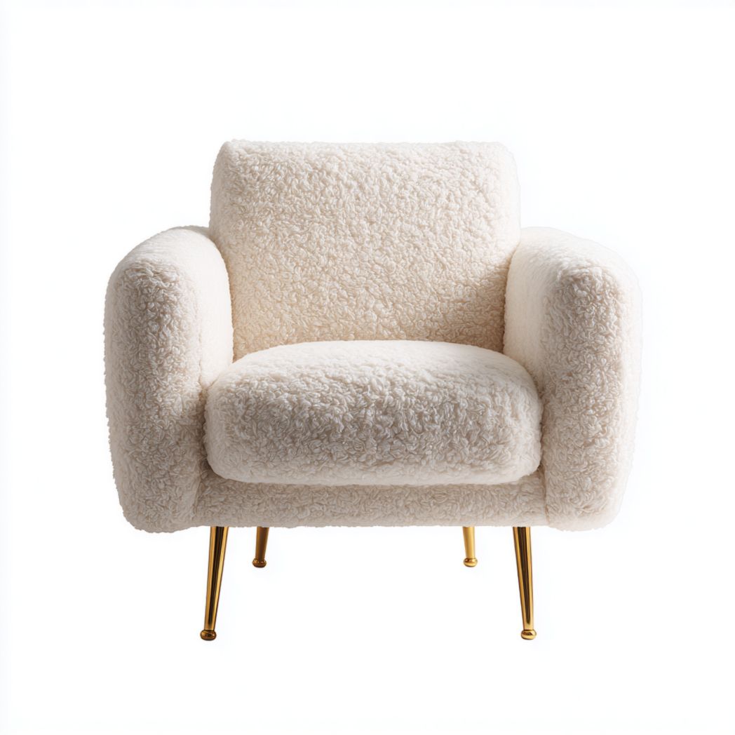 Fauteuil en tissu bouclette blanc avec pieds en métal doré