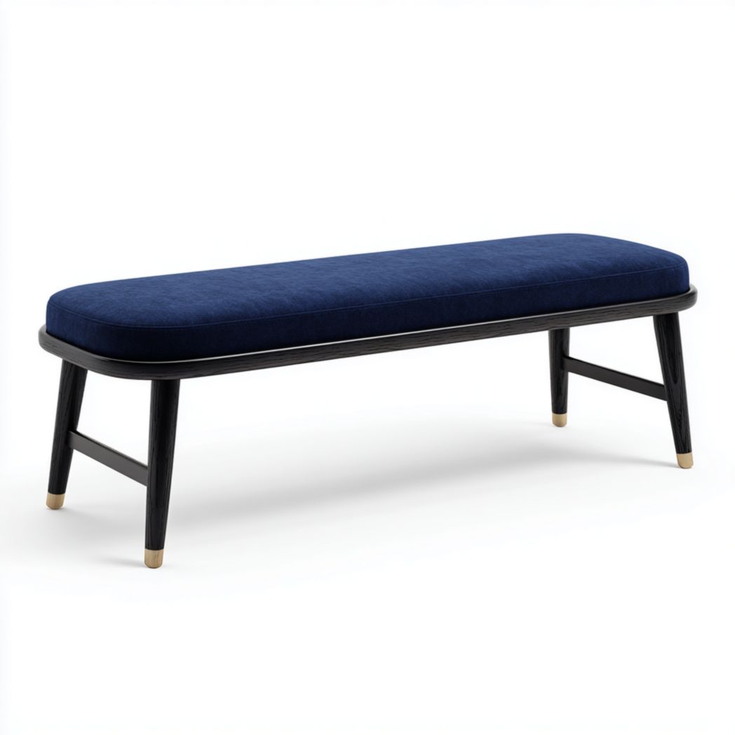 Banc avec assise en tissu bleu foncé et pieds en bois noir