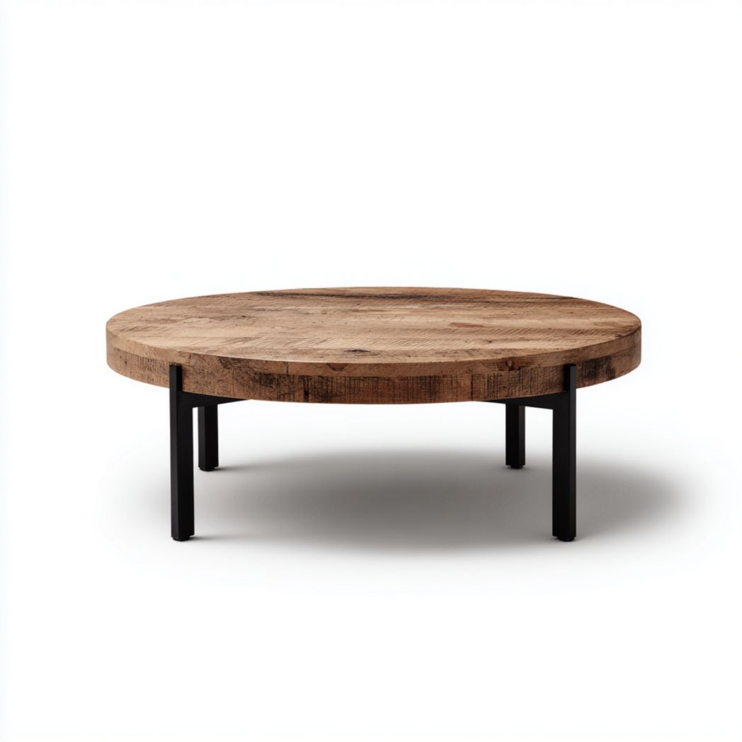 Table basse ronde avec plateau en bois brun et structure en métal noir