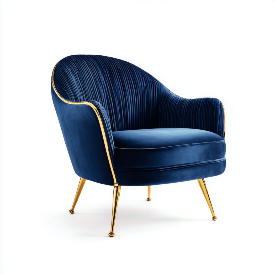 Fauteuil en velours bleu foncé avec pieds en métal doré