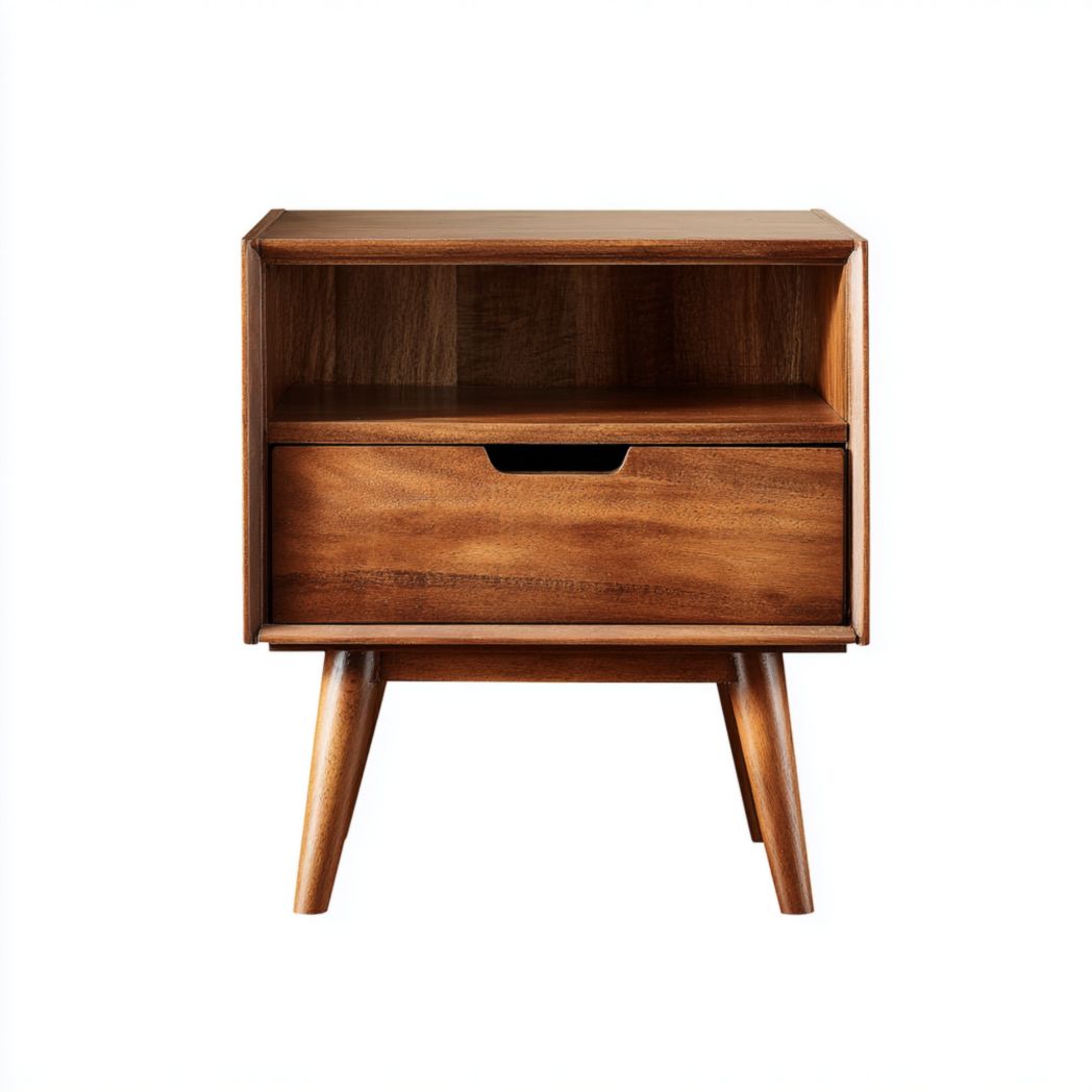 Table de chevet en bois brun foncé avec un tiroir et compartiment ouvert