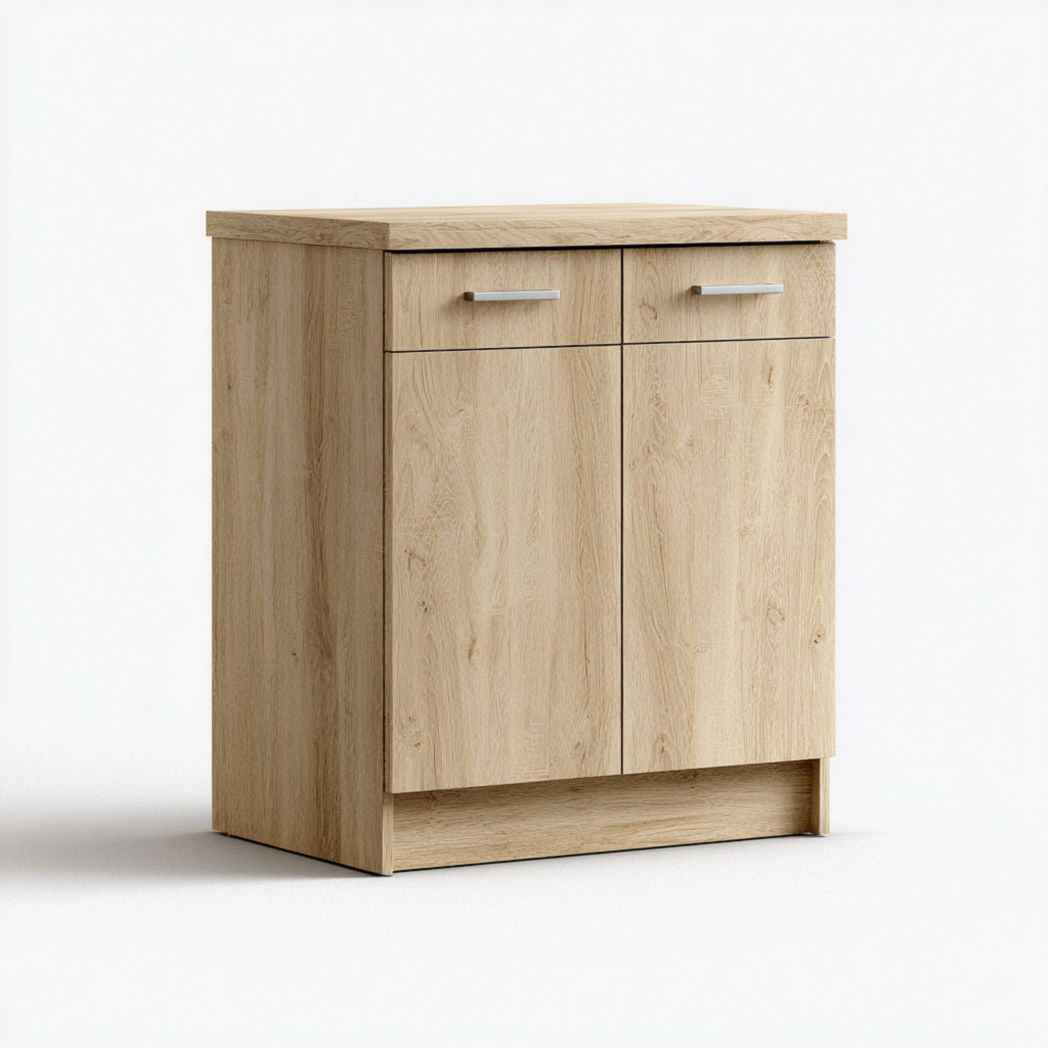 Meuble bas de cuisine à deux portes et tiroirs, bois brun clair