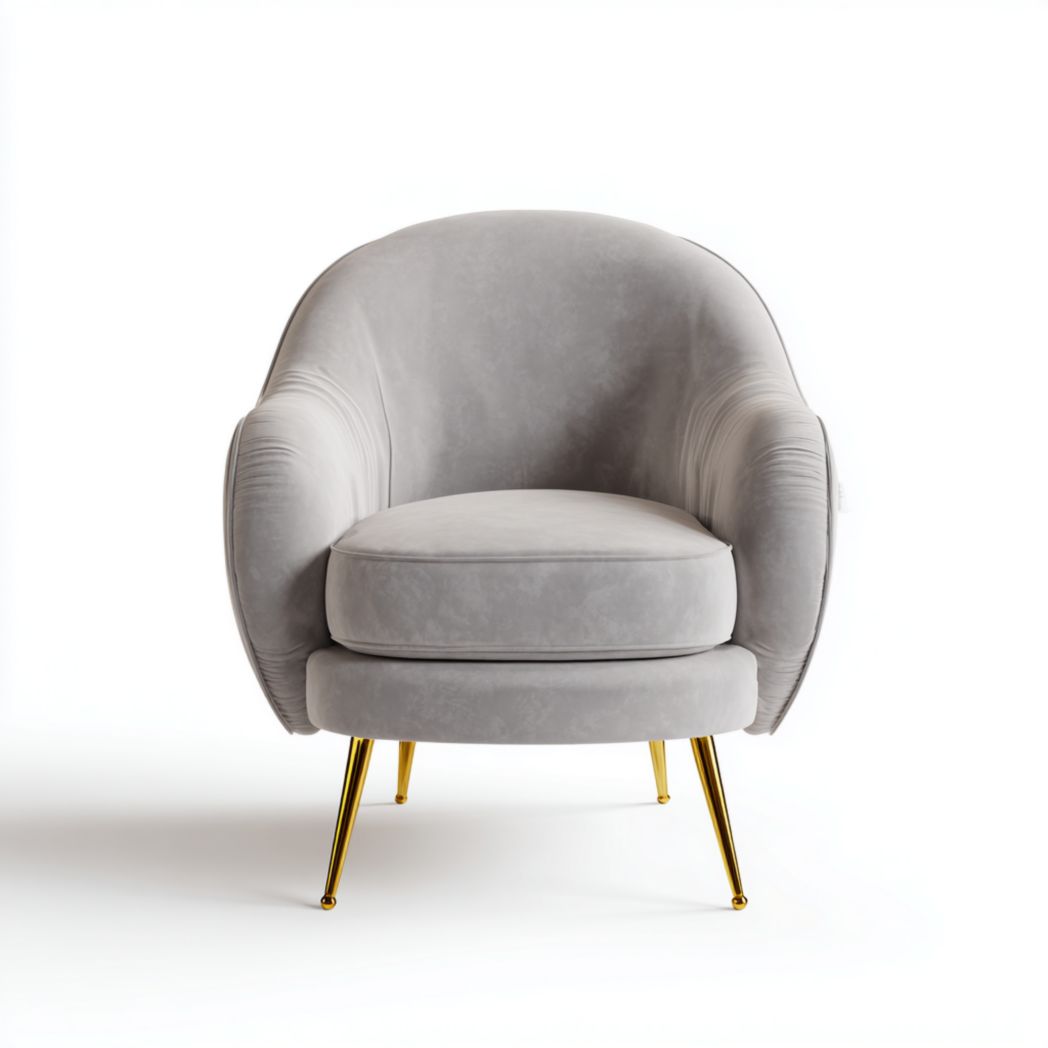 Fauteuil en velours gris clair avec pieds métalliques dorés