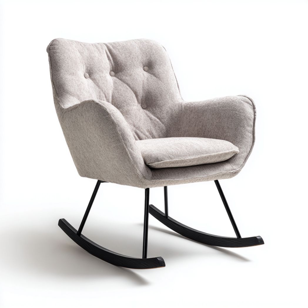 Fauteuil à bascule en lin gris clair avec structure en métal noir