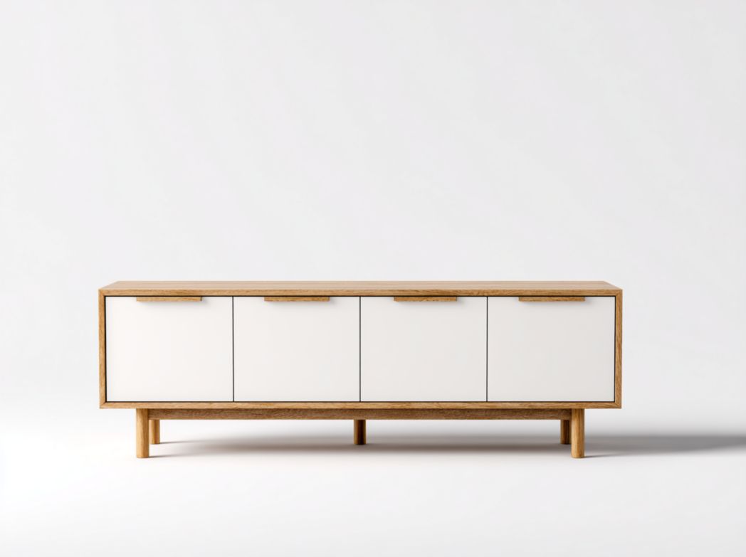 Meuble TV en bois brun clair et blanc à quatre portes