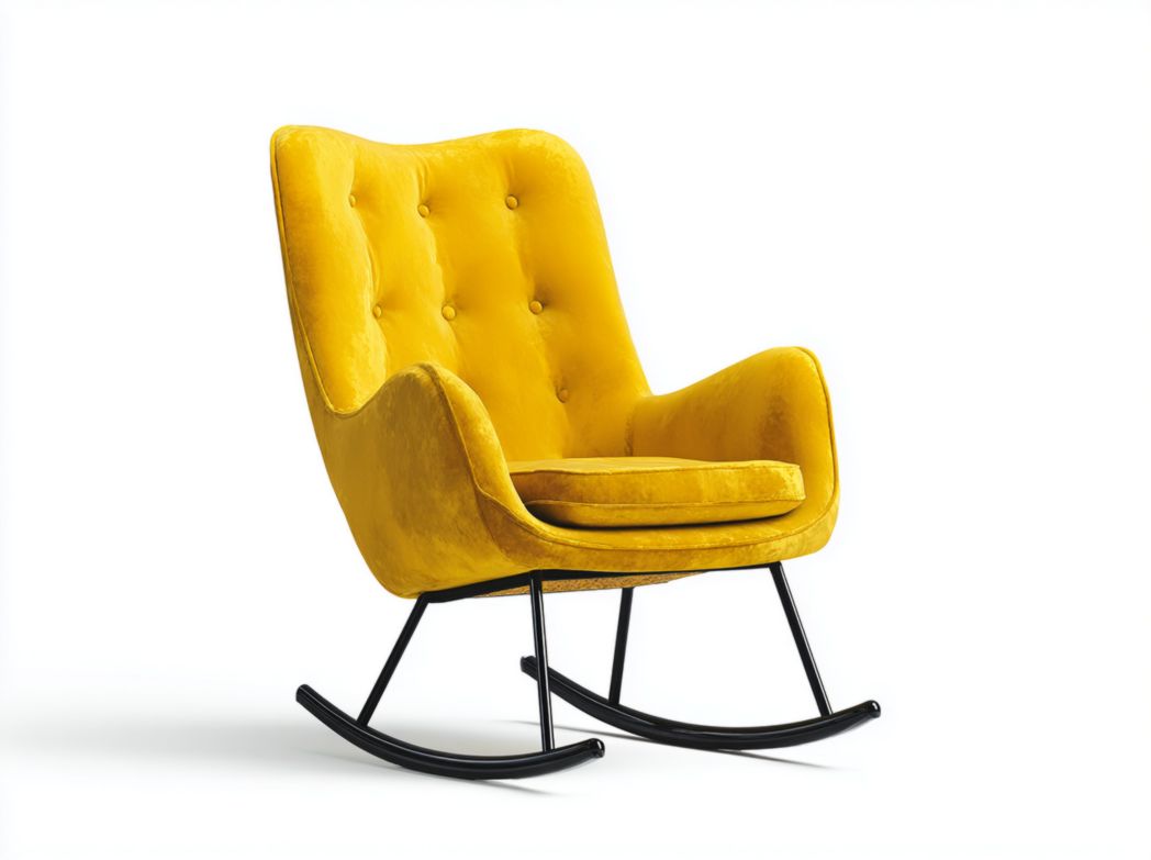 Fauteuil à bascule en velours ras jaune vif avec structure en métal noir