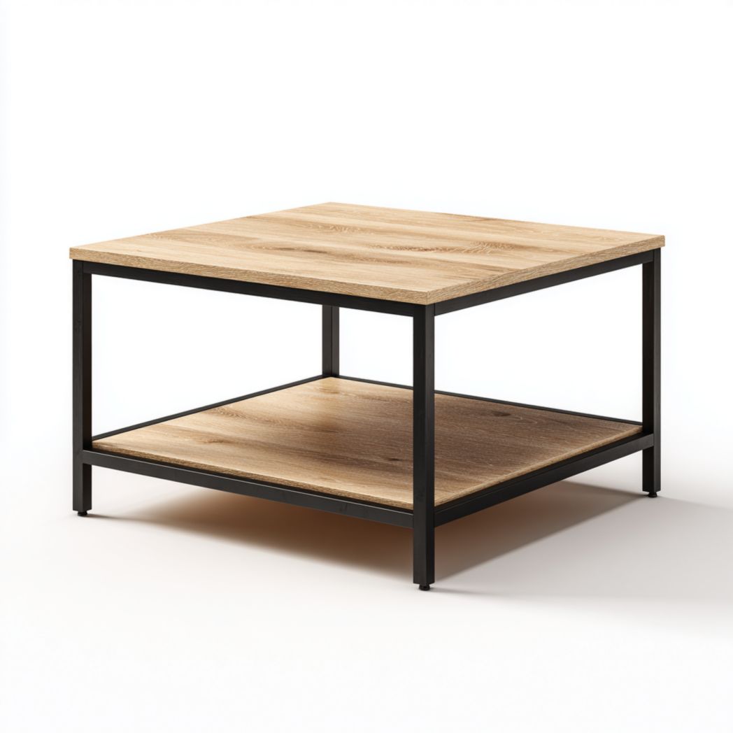 Table basse carrée à deux plateaux en bois brun clair et structure en métal noir