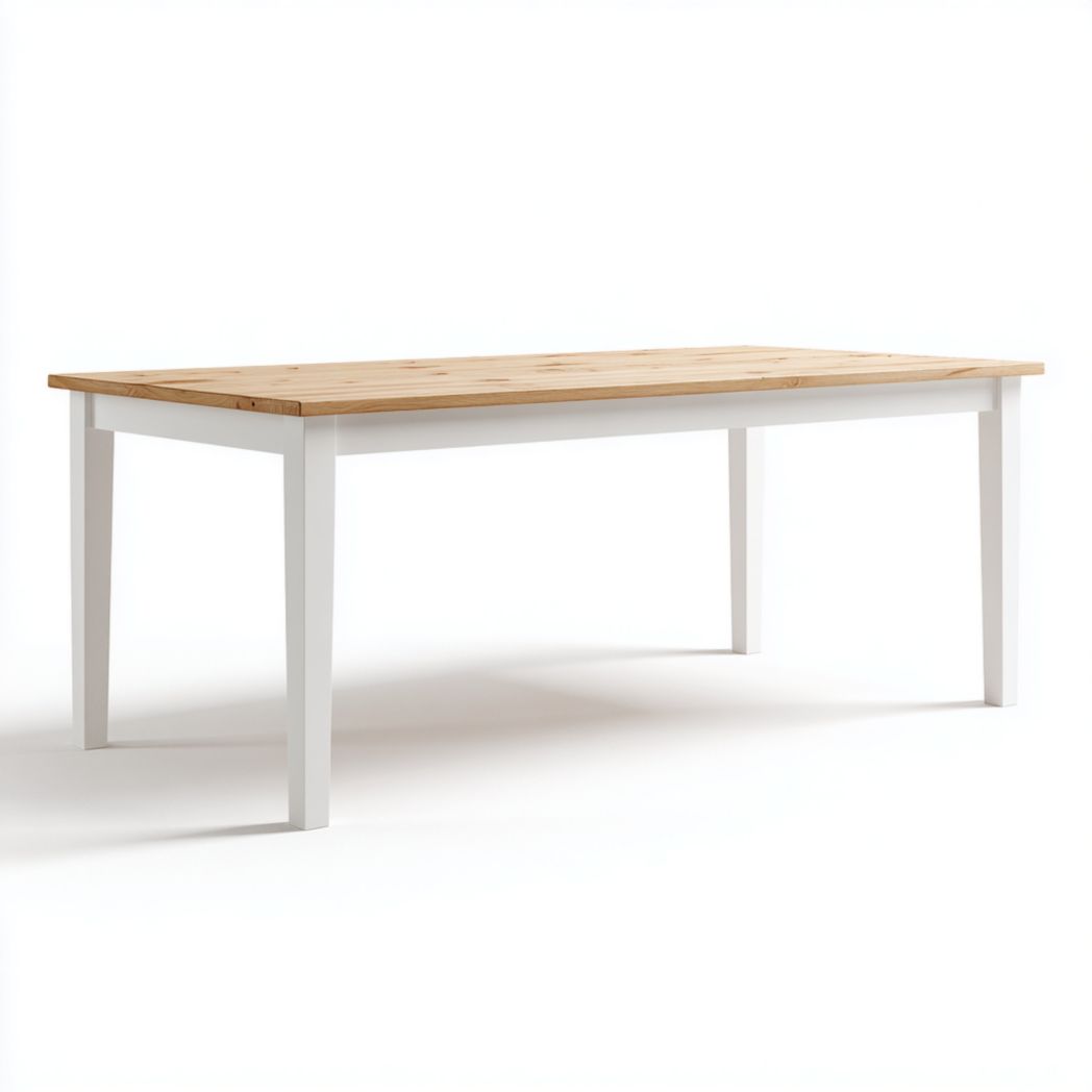 Table à manger rectangulaire en bois massif avec plateau brun clair et pieds blancs
