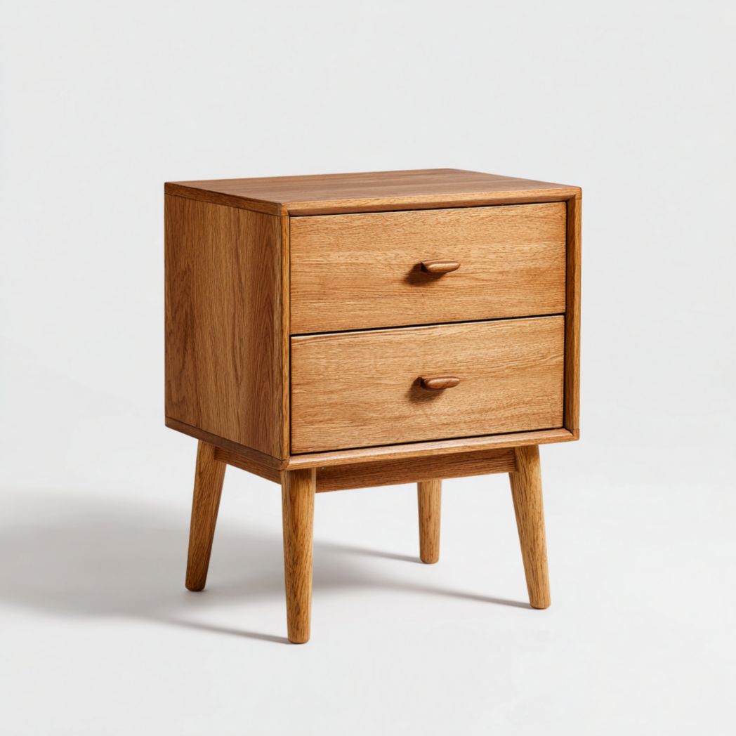 Table de chevet en bois brun clair à deux tiroirs