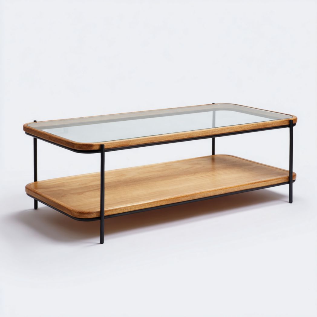 Table basse en verre, métal noir et plateau en bois brun clair