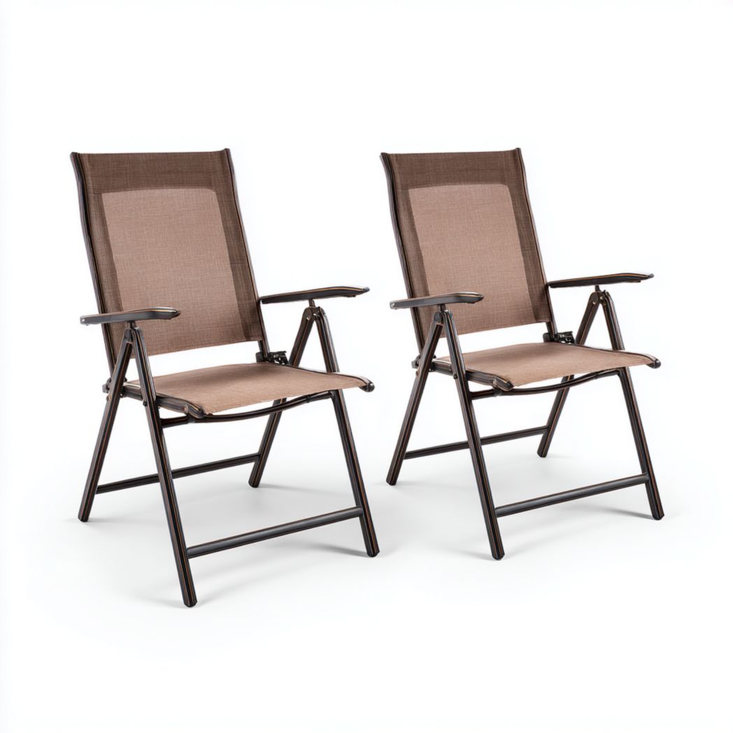Lot de 2 chaises de jardin pliantes marron – Structure en aluminium et fibre de polyester