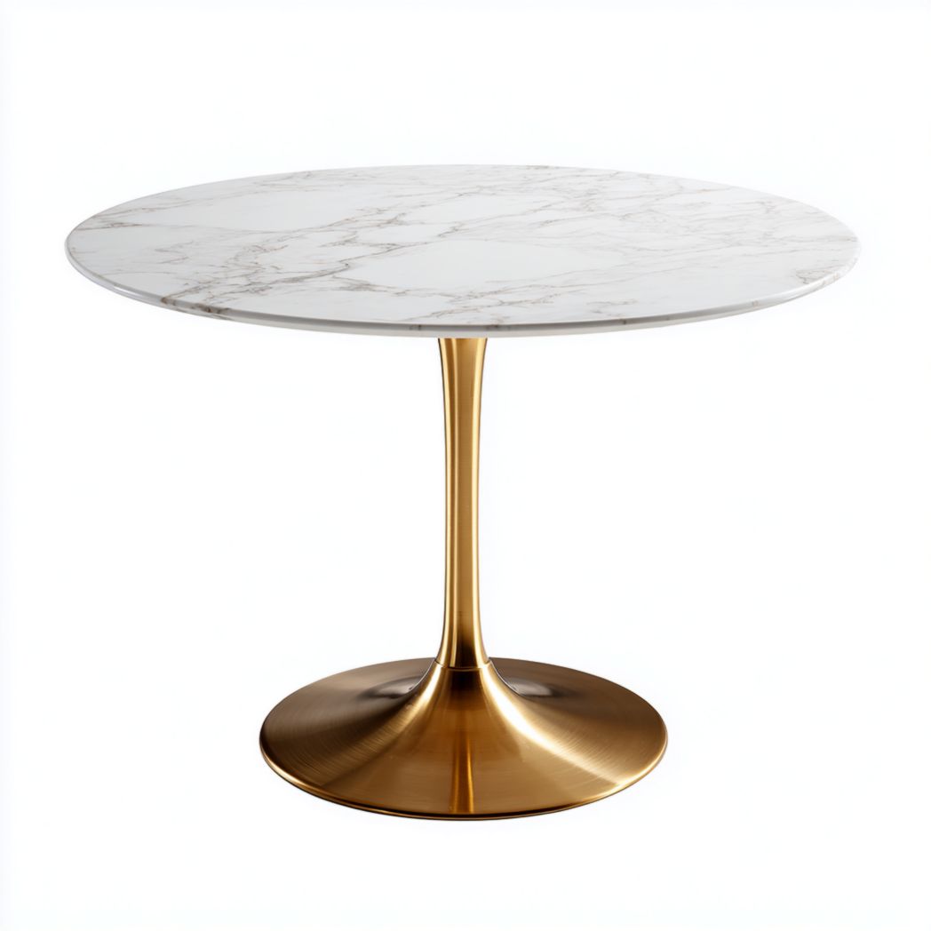 Table à manger ronde marbre blanc pied doré