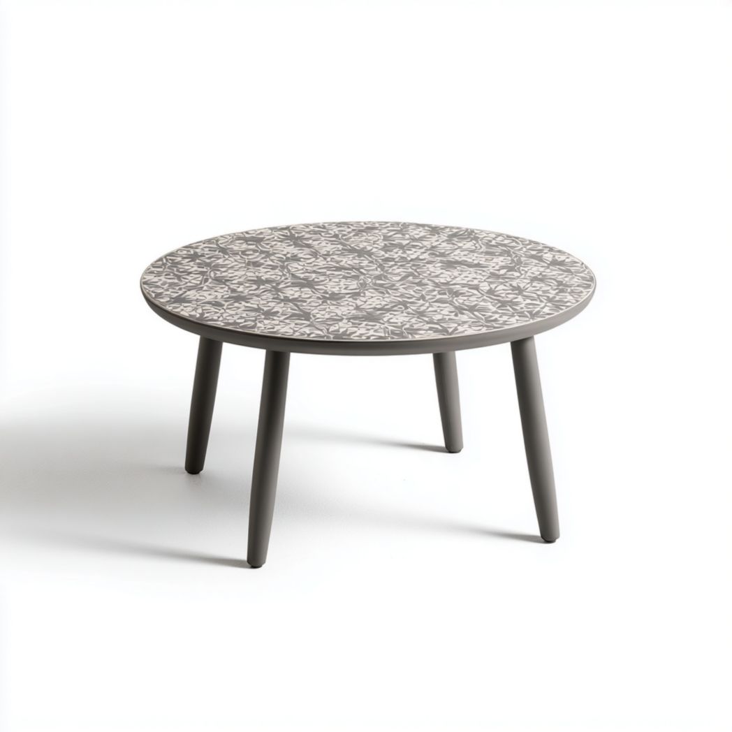 Table basse de jardin ronde grise à motif – Plateau en céramique et pieds en métal