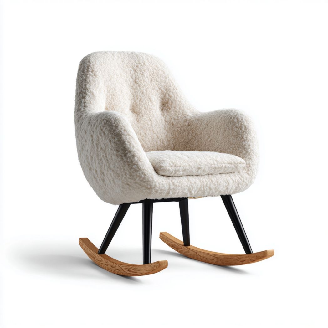 Fauteuil à bascule en tissu bouclette ivoire avec structure en métal noir et base en bois jaune clair