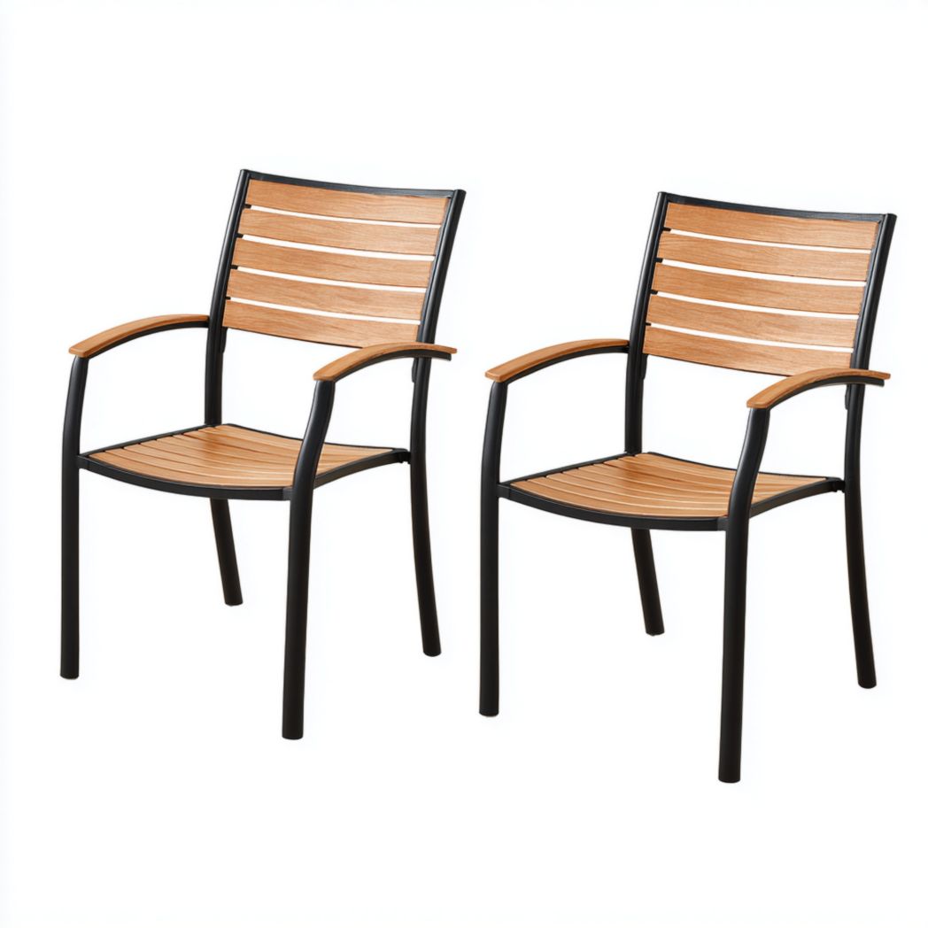 Lot de 2 fauteuils de jardin en métal noir et bois brun clair synthétiq