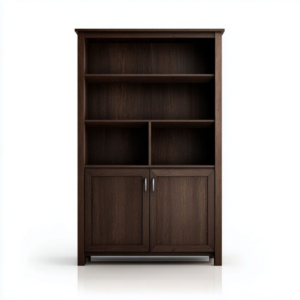 Bibliothèque en bois massif marron foncé avec 2 portes