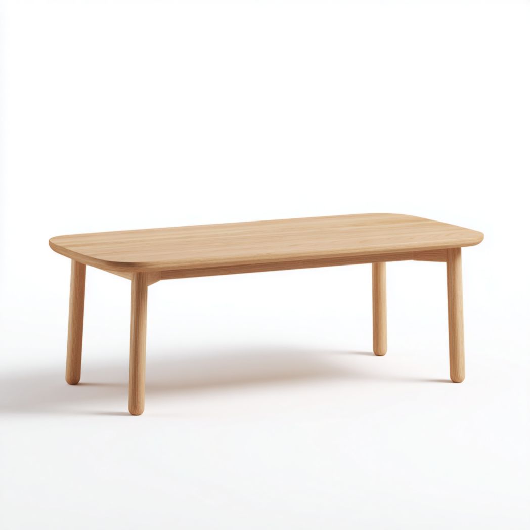 Table basse rectangulaire brun clair en bois avec coins arrondis