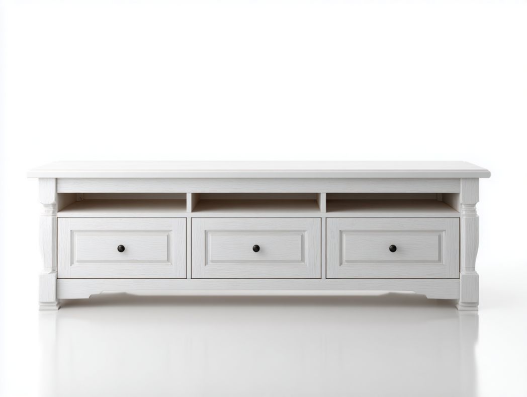 Meuble TV en bois blanc avec trois tiroirs et poignées en métal noir.