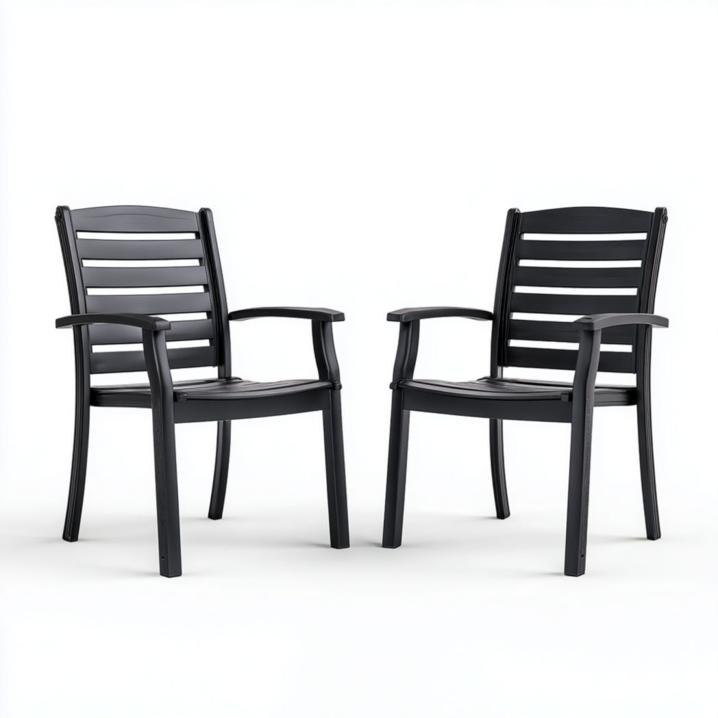 Lot de 2 fauteuils de jardin en plastique noir à dossier à lattes