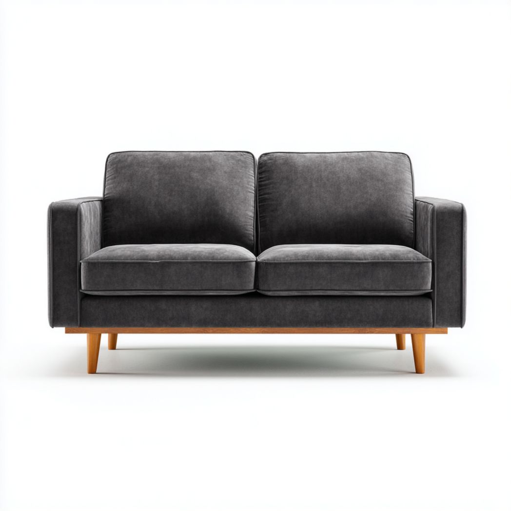 Canapé 2 places en velours gris foncé, pieds en bois brun clair