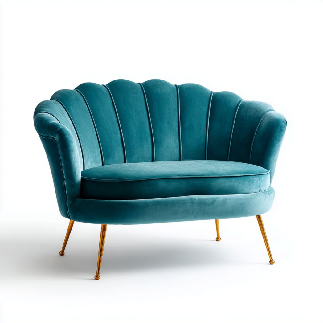 Canapé 2 places en velours bleu-vert à dossier coquillage, pieds métalliques dorés