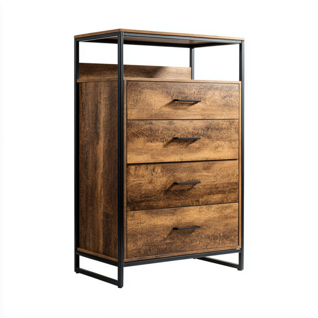 Commode industrielle à quatre tiroirs noire et brune